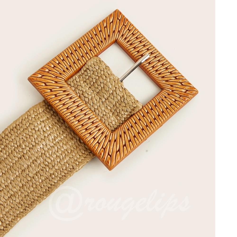 Camel Straw Woven Belt Square Buckle - Picture 5 of 7